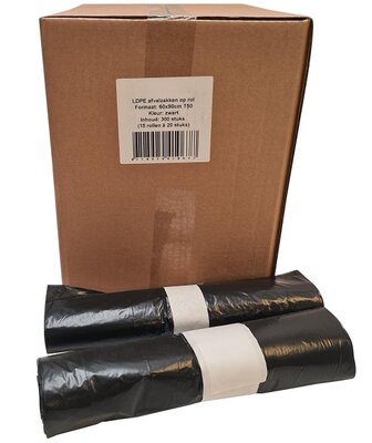 LDPE Non Komo Afvalzakken 60x90cm T50 zwart verpakt 10 rol à 25 stuks LDPE Non Komo Afvalzakken 60x90cm T50 zwart verpakt 10 rol à 25 stuks